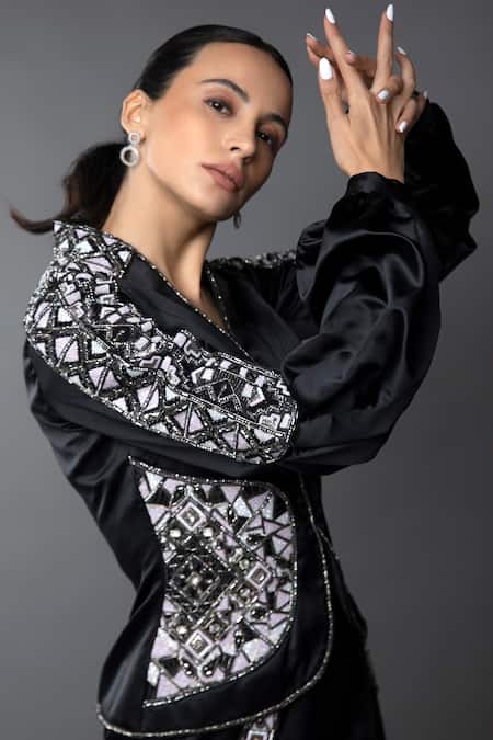 Shop_Anjum Qureshi_Black Satin Embroidery V-neck Hand Blazer Playsuit _Online_at_Aza_Fashions