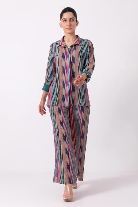 Shop Label Shreya Sharma Multi Color Linen Collared Ikat Print Jacket With Pant Online at Aza Fashions Shop_Label Shreya Sharma_Multi Color Linen Collared Ikat Print Jacket With Pant_Online_at_Aza_Fashions