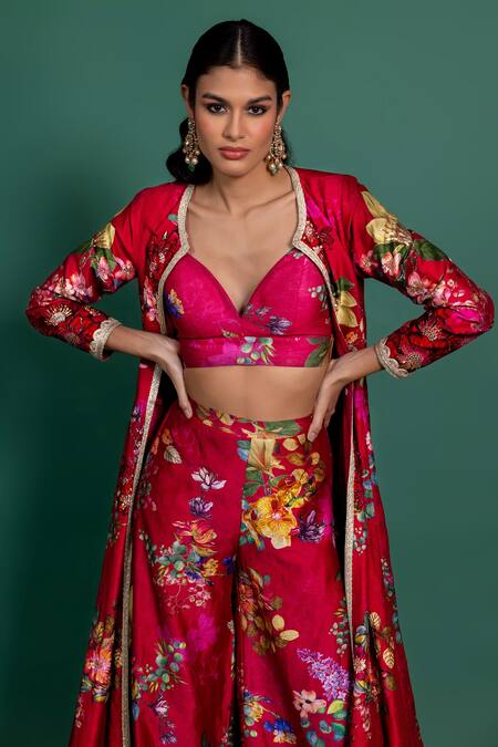 Shop_Varun Bahl_Fuchsia Chanderi Lace, Cut Work, Floral Print Anarkali Jacket And Pant Set _Online_at_Aza_Fashions