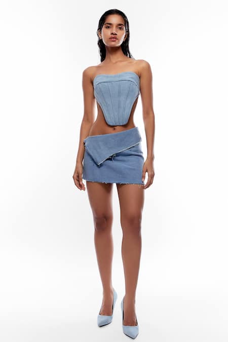 Buy_Deme By Gabriella_Blue Denim Square Neck Blazer And Short Skirt Set _Online_at_Aza_Fashions