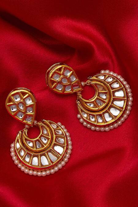 Just Shradhas_Gold Plated Diamonds, Pearls Kundan Chandbali Earrings _at_Aza_Fashions
