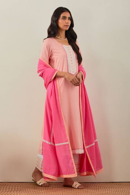 Shop_The Indian Cause_Peach Cotton Embroidery, Sequins Round Neck Rozana Placket Kurta _Online_at_Aza_Fashions