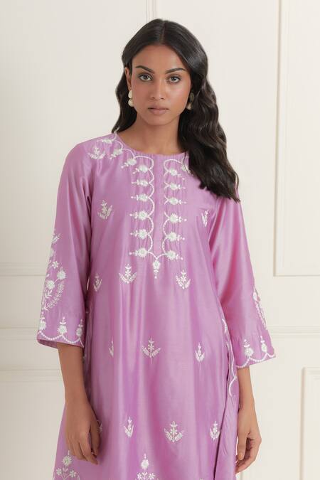 Shop_Ikshita Choudhary_Purple Chanderi Silk Cut Work, Embroidery Round Neck Flared Kurta_Online_at_Aza_Fashions