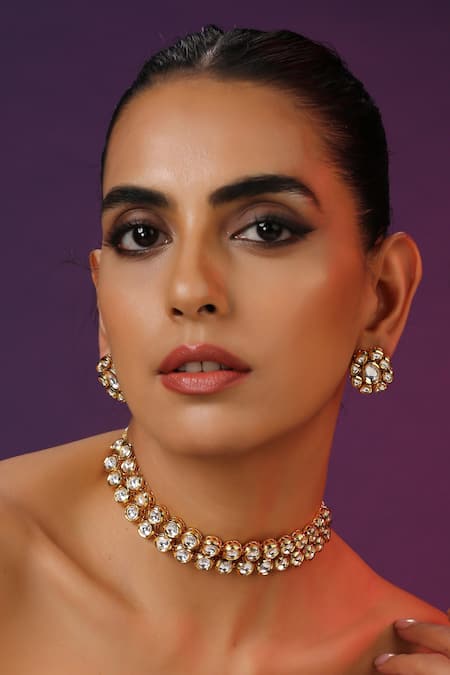 Shop_SWABHIMANN_Gold Plated Diamonds Geometric Shaped Choker Set _Online_at_Aza_Fashions