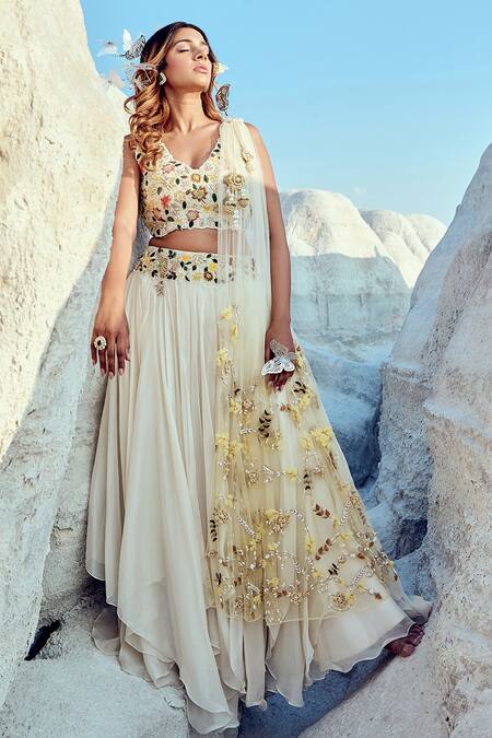 Shop_Nikita Vishakha_White Organza, Net, Jacquard Metallic Thread, Moti Hand Blouse Lehenga Set _Online_at_Aza_Fashions