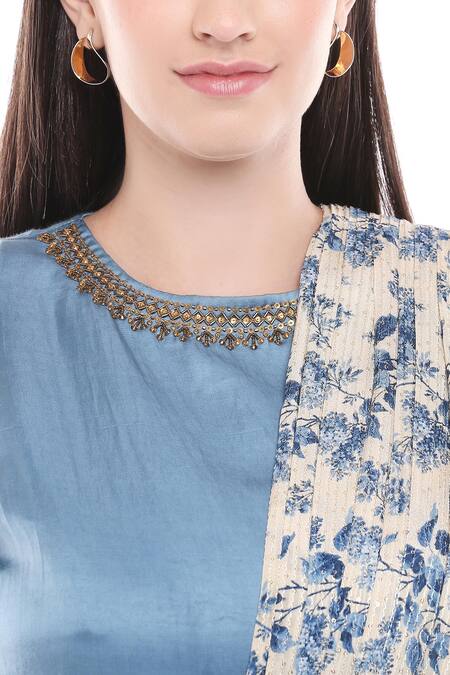 Shop_Soup By Sougat Paul_Blue Chiffon, Satin Round Pre-draped Saree With Blouse _Online_at_Aza_Fashions