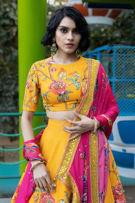 Shop Irrau By Samir Mantri Yellow Chiffon Embroidery Round Neck Floral Vine Lehenga Set Online at Aza Fashions Shop_Irrau By Samir Mantri_Yellow Chiffon Embroidery Round Neck Floral Vine Lehenga Set _Online_at_Aza_Fashions