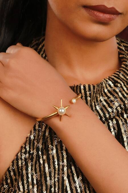 Shop_Ishhaara_Gold Plated Pearls, Stones Star Embellished Open Bracelet _Online_at_Aza_Fashions
