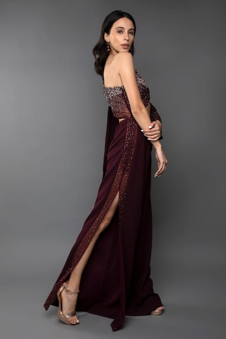 Shop_Anjum Qureshi_Wine Double Georgette Embroidery Sequin Asymmetric One Shoulder Jumpsuit _Online_at_Aza_Fashions