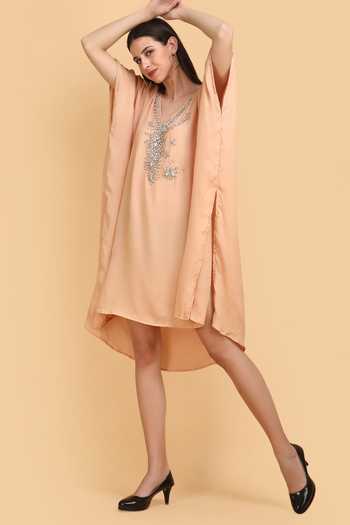 Shop_Label Ivish_Beige Silk, Chiffon Diamonds V-neck Diamante Embroidered Kaftan _Online_at_Aza_Fashions