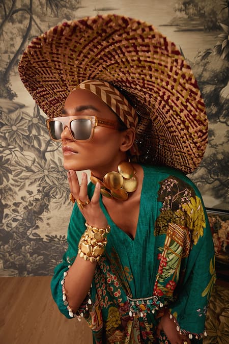 Shop_Kalista_Green Crepe Beads V-neck Aamna Mughal Pattern Kaftan _Online_at_Aza_Fashions