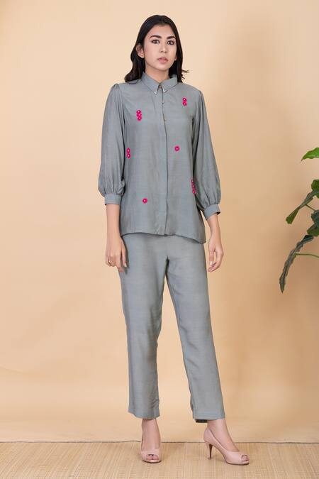 Buy Chambray & CO. Green Silk Applique Collared Leilah Work Shirt And Pant Set Online at Aza Fashions Buy_Chambray & CO._Green Silk Applique Collared Leilah Work Shirt And Pant Set _Online_at_Aza_Fashions