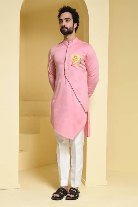 Buy Kustomeyes Pink Cotton Asymmetric Kurta And Pant Set Online at Aza Fashions Buy_Kustomeyes_Pink Cotton Asymmetric Kurta And Pant Set _Online_at_Aza_Fashions
