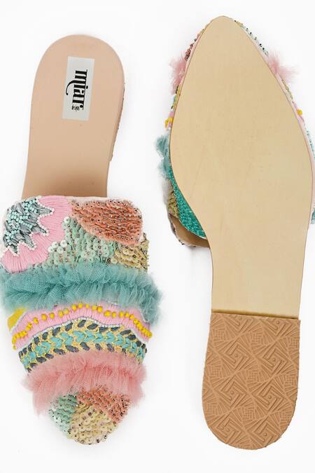 Shop_Miar Designs_Blue Thread And Sequins Zunaira Frill Embellished Mules_Online_at_Aza_Fashions