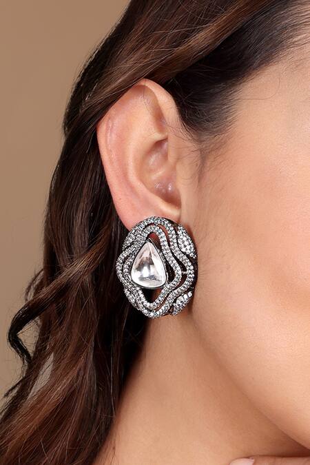 Tizora_White Imitation Diamonds Triangle Shaped Faux Stud Earrings _Online_at_Aza_Fashions