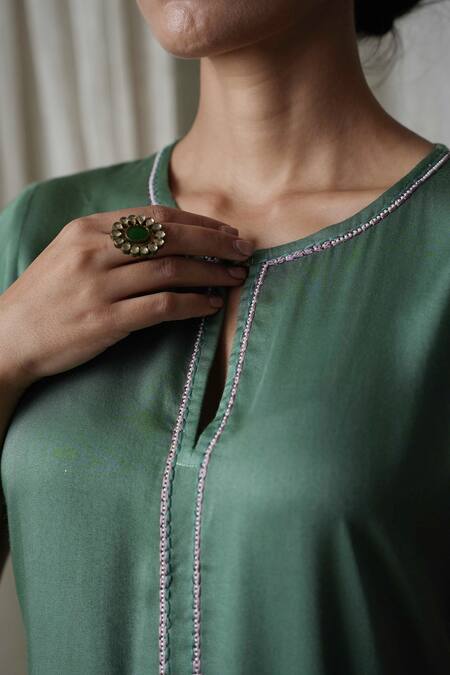 Shop Kanika Sharma Green Modal, Organza, Georgette Embroidery Round Neck Hem Kurta Palazzo Set Online at Aza Fashions Shop_Kanika Sharma_Green Modal, Organza, Georgette Embroidery Round Neck Hem Kurta Palazzo Set _Online_at_Aza_Fashions