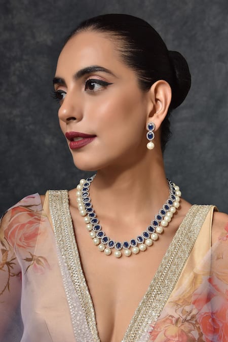 Swabhimann Blue Stones, Pearls Sapphire Embellished Necklace Set Online at Aza Fashions Swabhimann_Blue Stones, Pearls Sapphire Embellished Necklace Set _Online_at_Aza_Fashions
