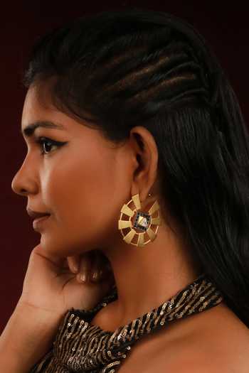 Shop Ishhaara Gold Plated Imitation Diamonds Pentagon Embellished Hoop Earrings Online at Aza Fashions Shop_Ishhaara_Gold Plated Imitation Diamonds Pentagon Embellished Hoop Earrings _Online_at_Aza_Fashions