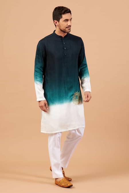 Buy_Hilo Design_Green Cotton, Silk, Lycra Embroidery Leonine Kurta And Pant Set _Online_at_Aza_Fashions