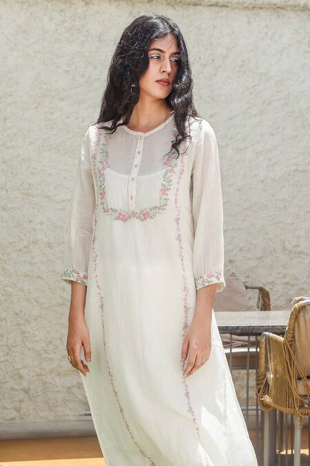 Shop_Tatwa_Ivory Viscose, Silk Sequins, Zari Round Neck Yoke Embroidered Kurta And Pant Set _Online_at_Aza_Fashions