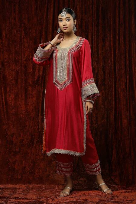 Shop Shikhar Sharma Red Silk Chanderi Embroidered Pearl Round Full Sleeve Kurta Pant Set Online at Aza Fashions Shop_Shikhar Sharma_Red Silk Chanderi Embroidered Pearl Round Full Sleeve Kurta Pant Set _Online_at_Aza_Fashions