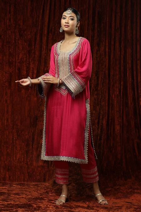 Shop Shikhar Sharma Pink Silk Chanderi Embroidered Pearl Round Neck Kurta Pant Set Online at Aza Fashions Shop_Shikhar Sharma_Pink Silk Chanderi Embroidered Pearl Round Neck Kurta Pant Set _Online_at_Aza_Fashions
