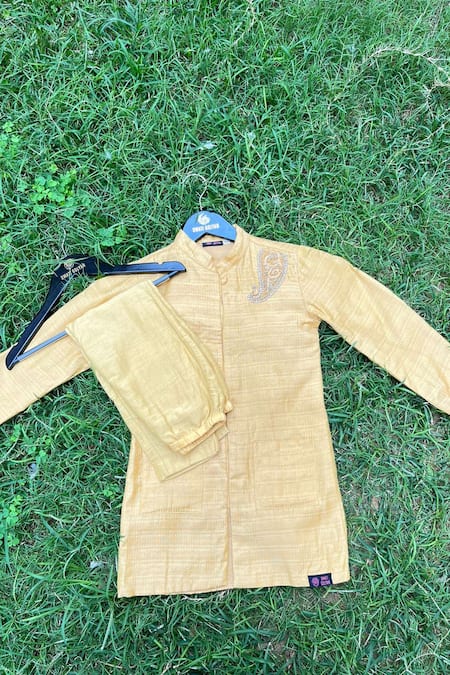 Swati Golyan_Yellow Silk Organza, Cotton Embroidery Placement Paisley Kurta Set _Online_at_Aza_Fashions