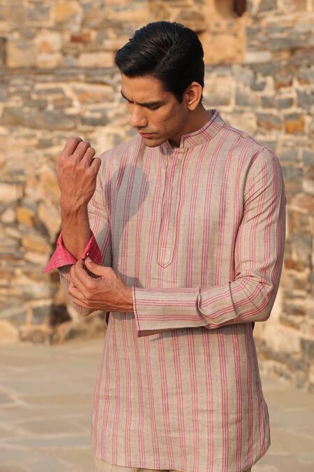 Shop_Raw & Rustic By Niti Bothra_Beige Linen Striped Kurta _Online_at_Aza_Fashions