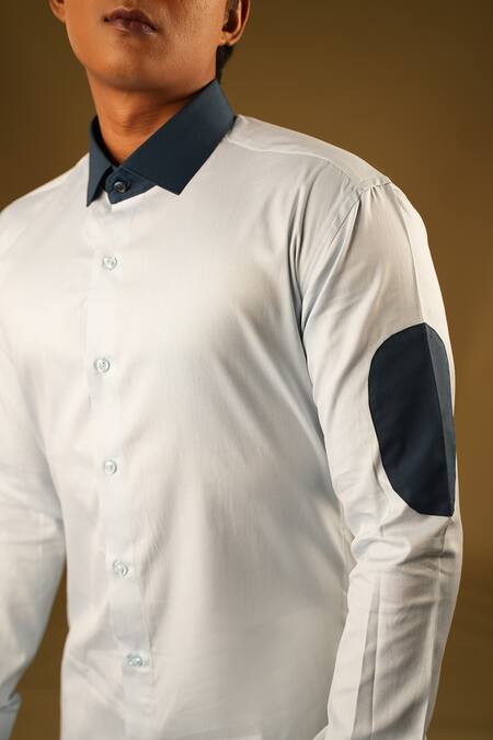 Shop_Hilo Design_Blue Oxford And Poplin Lycra Dark Kola Shirt _Online_at_Aza_Fashions