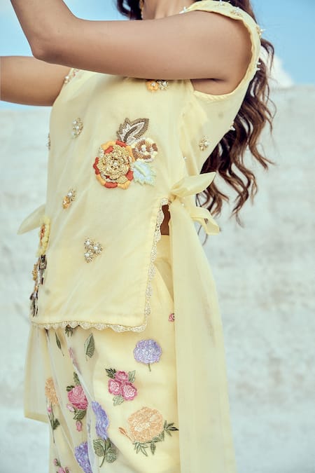 Shop_Nikita Vishakha_Yellow Silk Organza, Net Zari, Embroidery Boat Neck Zardozi Top And Pant Set _Online_at_Aza_Fashions