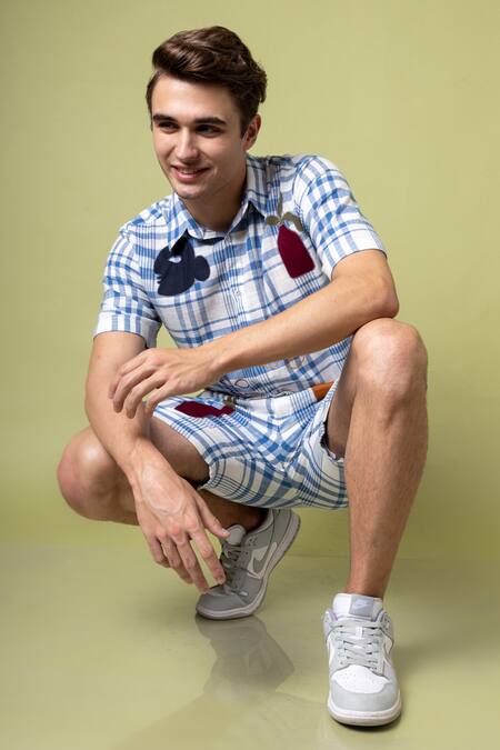 Buy Doodlage Blue Upcycled Cotton Embroidered Checkered Edwin Shorts Online at Aza Fashions Buy_Doodlage_Blue Upcycled Cotton Embroidered Checkered Edwin Shorts_Online_at_Aza_Fashions
