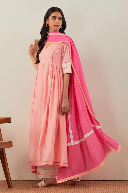 Shop_THE INDIAN CAUSE_Peach Cotton Sequins, Embroidery V-neck Chikankari Anarkali Set _Online_at_Aza_Fashions