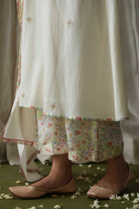 Shop Kanika Sharma Off White Cotton, Modal, Kota Doria Embroidery Round Kurta Printed Palazzo Set Online at Aza Fashions Shop_Kanika Sharma_Off White Cotton, Modal, Kota Doria Embroidery Round Kurta Printed Palazzo Set _Online_at_Aza_Fashions