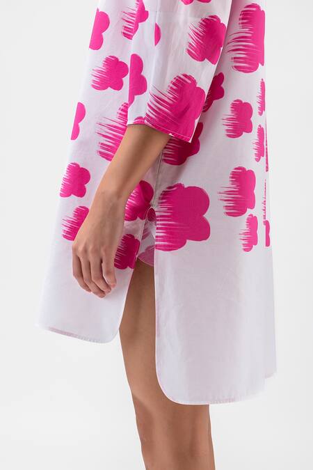 Shop_Genes Lecoanet Hemant_Pink , Satin Collared Floral Print Tunic Shirt_Online_at_Aza_Fashions