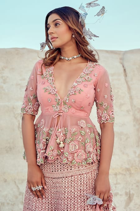Shop_Nikita Vishakha_Pink Net, Mohair Metallic Thread, Embroidery, Hand Blouse And Mesh Lehenga Set _Online_at_Aza_Fashions