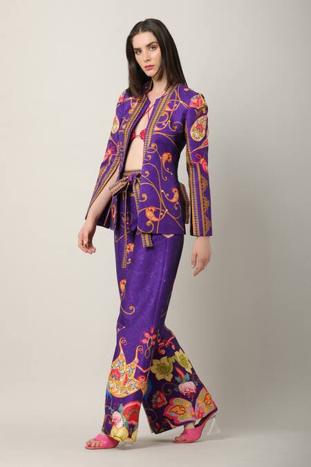 Limerick By Abirr N' Nanki Multi Color Satin Embroidery Bandeau Neck Fern Printed Jacket Online at Aza Fashions Limerick By Abirr N' Nanki_Multi Color Satin Embroidery Bandeau Neck Fern Printed Jacket _Online_at_Aza_Fashions