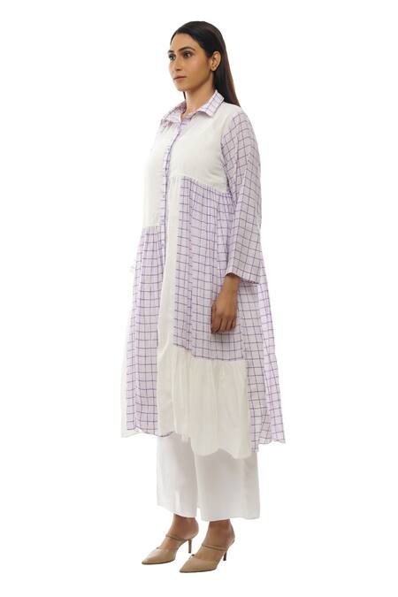 Buy_Khat_White Handloom Cotton, Poplin Collared Checkered Pattern Dress And Pant Set _Online_at_Aza_Fashions