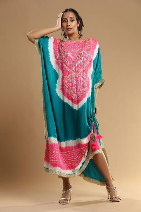 Shop_Etasha by Asha Jain_Green Gabardine Embroidery Round Neck Draped Bandhani Kaftan _Online_at_Aza_Fashions