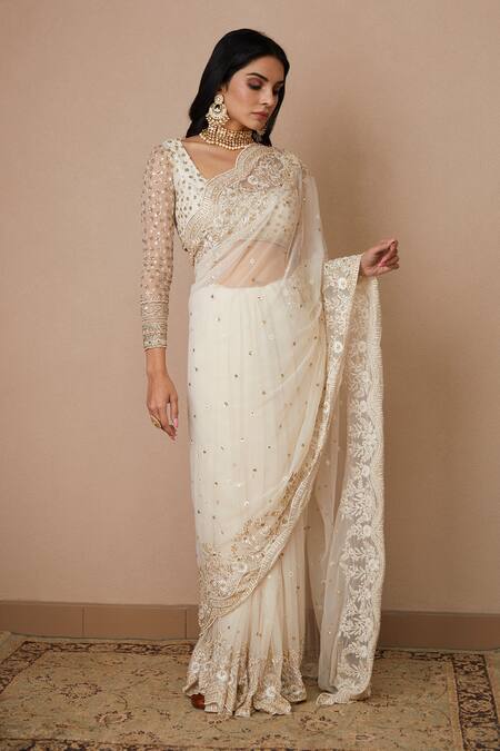 Shop Astha Narang White Net, Crepe Sequins, Cut Work Embroidered Scallop Border Saree With Blouse Online at Aza Fashions Shop_Astha Narang_White Net, Crepe Sequins, Cut Work Embroidered Scallop Border Saree With Blouse _Online_at_Aza_Fashions