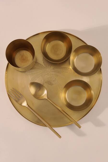 Shop_Table Manners_Gold Brass Thali Set_Online_at_Aza_Fashions