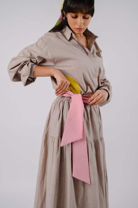 Buy_Tussah by Siddhi Shah_Grey Cotton Collared Shirt And Tiered Skirt Set _Online_at_Aza_Fashions
