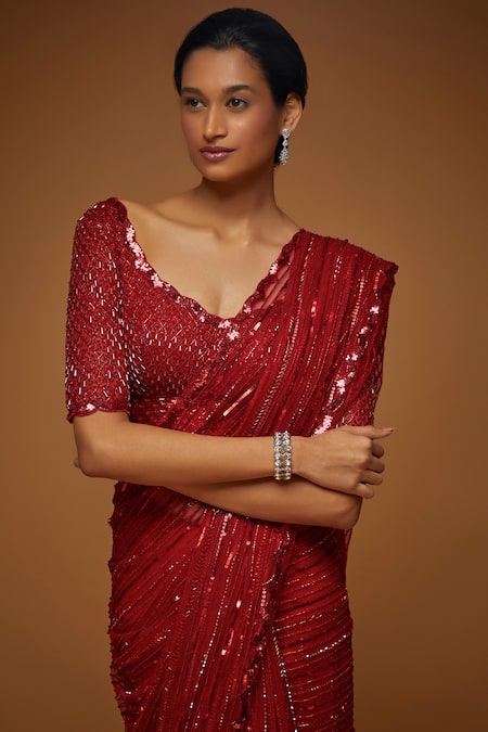 Shop_Neeta Lulla_Red Tulle Sequins Scoop Neck Femme Embellished Saree With Blouse _Online_at_Aza_Fashions