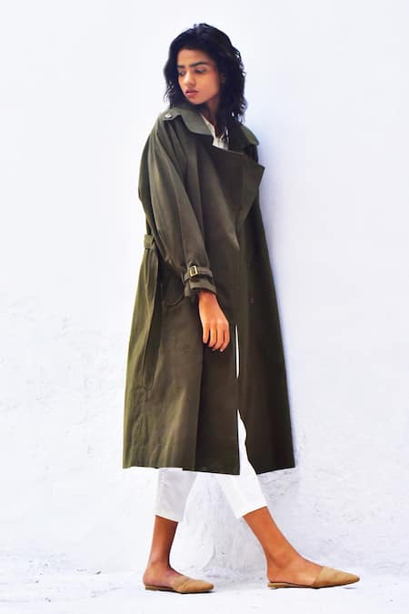 Shop_Kharakapas_Green Twill Double Breasted Trench Coat _Online_at_Aza_Fashions