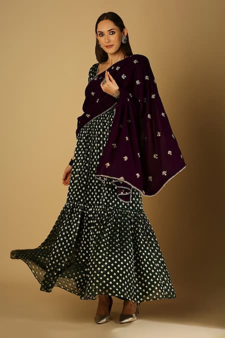 Shop Monk & Mei By Sonia Anand Green Velvet, Brocade Chains, Embroidery Woven Floral Anarkali Set With Dupatta Online at Aza Fashions Shop_Monk & Mei By Sonia Anand_Green Velvet, Brocade Chains, Embroidery Woven Floral Anarkali Set With Dupatta _Online_at_Aza_Fashions