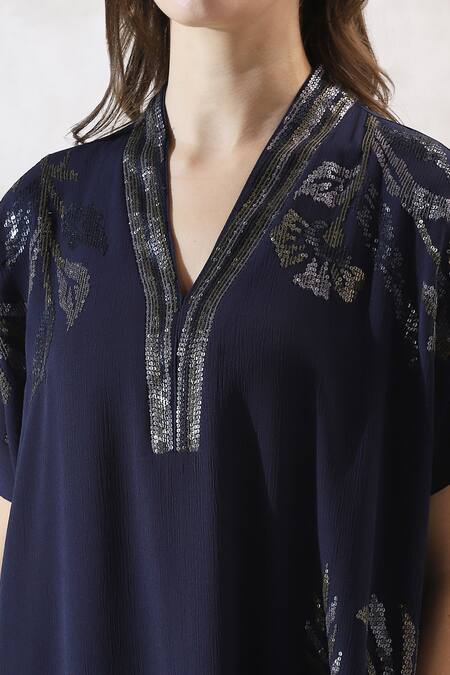 Shop_RANNA GILL_Blue Crinkle Georgette Embroidery Sequin Shawl Collar Neck Tunic _Online_at_Aza_Fashions