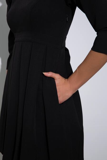 Pocketful Of Cherrie_Black Crepe V-neck Box Pleated Dress_Online_at_Aza_Fashions