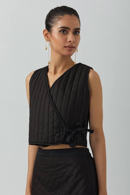 Shop_The Indian Cause_Black Cotton V-neck Overlapped Jacket_Online_at_Aza_Fashions