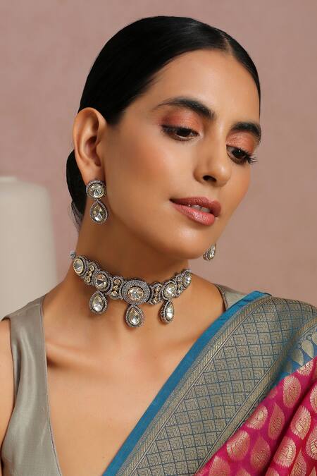 Swabhimann_Silver Plated Diamonds Polki Embellished Choker Set _Online_at_Aza_Fashions