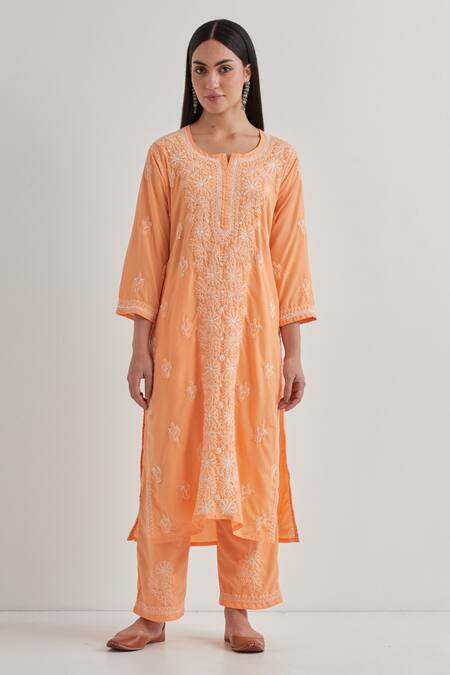 Shop Priya Chaudhary Peach Cotton Embroidery Split V-neck Chikankari Kurta Set Online at Aza Fashions Shop_Priya Chaudhary_Peach Cotton Embroidery Split V-neck Chikankari Kurta Set _Online_at_Aza_Fashions