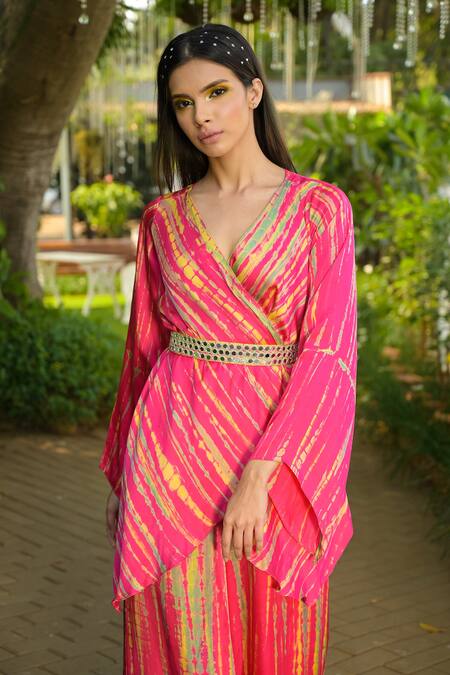 Shop_Disha Kahai_Pink Satin, Silk Mirrors, Embroidery Tie-dye Pattern Overlap Top And Palazzo Set_Online_at_Aza_Fashions